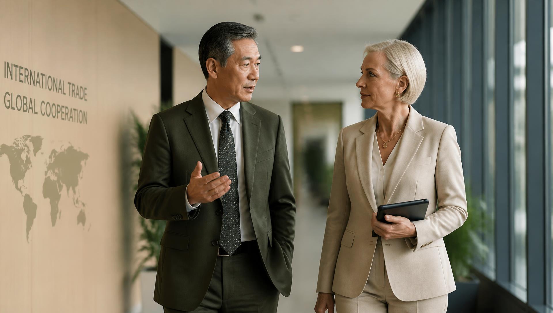 Two executives in conversation in an international corporate office corridor.