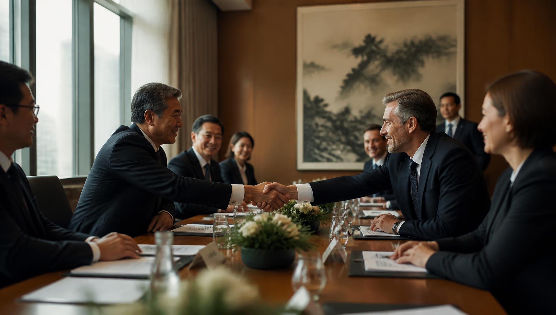 Executivos internacionais cumprimentando-se durante reunião de negociação comercial.