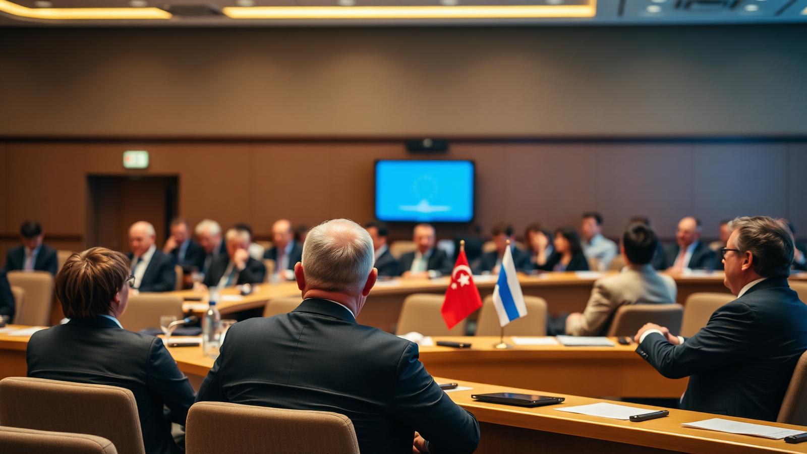 International institutional meeting with representatives of different countries in a conference room.
