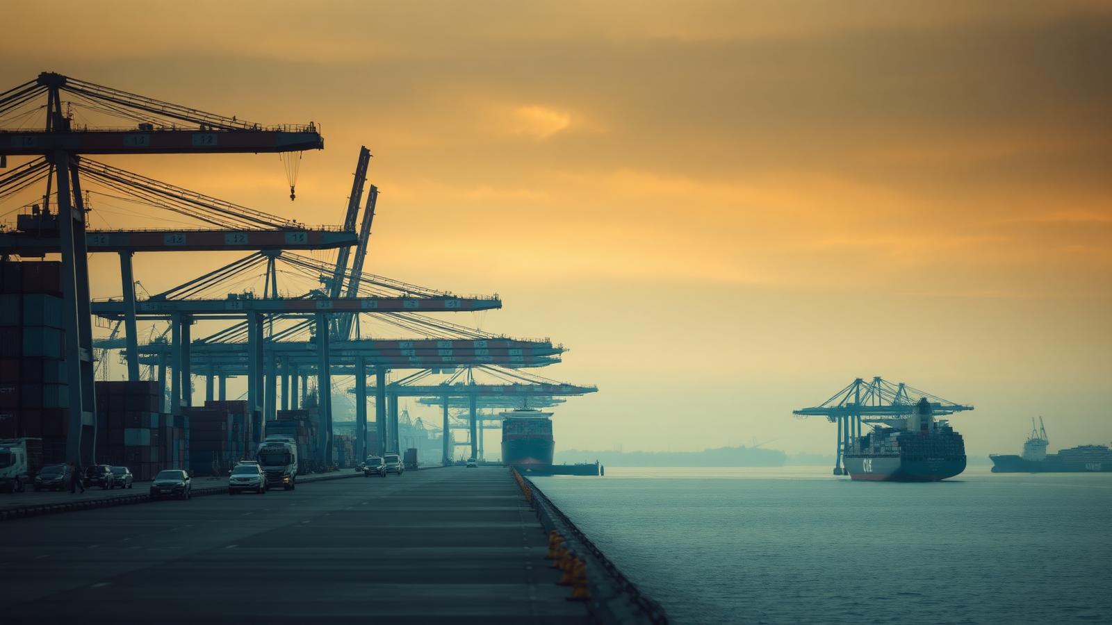 Porto comercial com guindastes e navios de contêineres ao amanhecer.